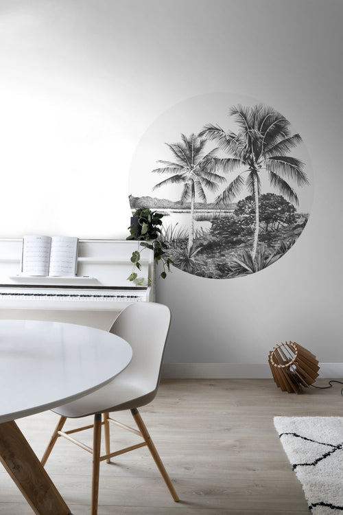 ESTAhome zelfklevende behangcirkel tropisch landschap met palmbomen zwart wit - Ø 140 cm - 159005 - vtwonen shop