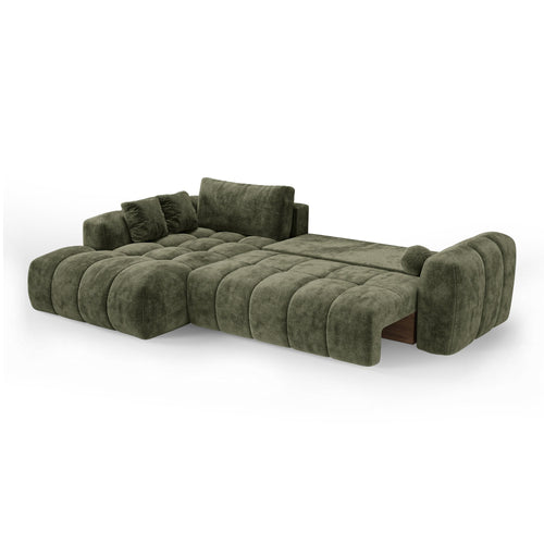 Premium Interiors - Linkshoekbank met slaapfunctie en opbergruimte SKY - gewaafd fluweel vintage groen 310cm
