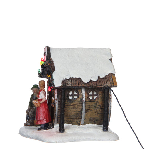 Luville Kerstdorp Miniatuur Bierstube - Kerstversiering Kerstdorpminiatuur met Verlichting - Guirlande Café in Biervat Vorm - Kerstslingers met Vrouw
