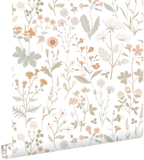 ESTAhome behang veldbloemen groen en terracotta roze - 53 cm x 10.05 m - 139514