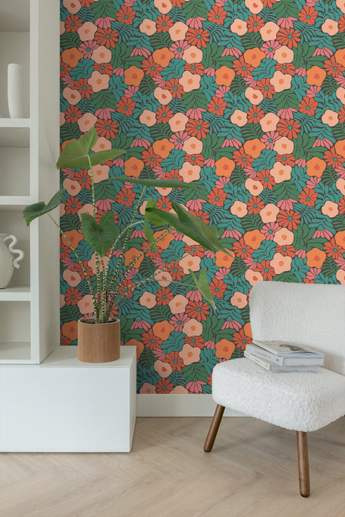 ESTAhome behang bloemen in Matisse stijl donkergroen, oranje en blauw - 50 x 900 cm - 131008 - vtwonen shop