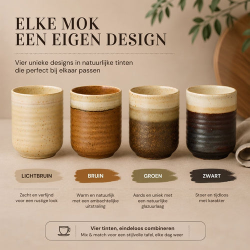 Mica Decorations Ethan Koffiemokken Set - 4 Porseleinen Mokken in Off White, Terra, Donkerbruin en Zwart - Geschikt voor Vaatwasser, Magnetron en Oven