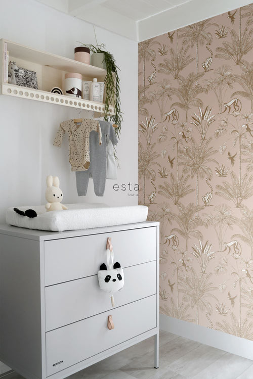 ESTAhome XXL behang jungle-motief perzik roze - 50 x 837 cm - 158943