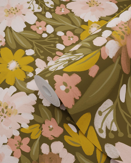 ESTAhome behang bloemen vergrijsd olijfgroen, zacht roze en okergeel - 50 x 900 cm - 130928