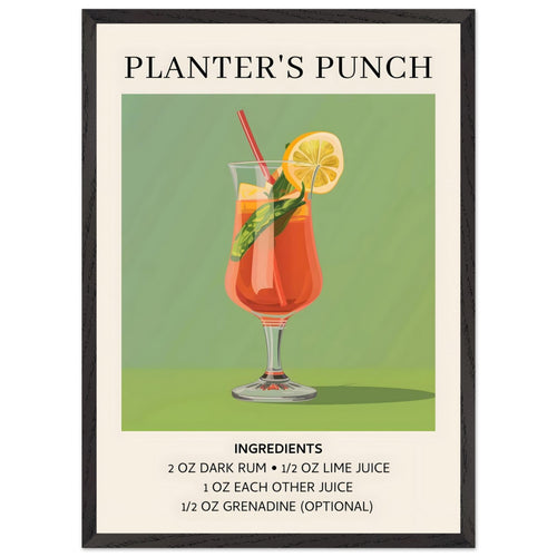 Artfulprints Poster met Lijst Planter's Punch cocktail - Ingrediënten   - 50x70 cm - Groen