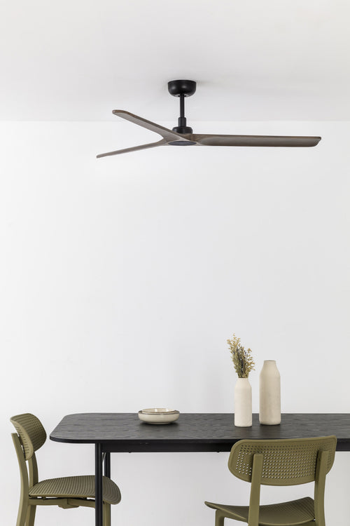 Faro Heywood Middelzwarte plafondventilator van donker hout met gelijkstroommotor, 6 snelheden
