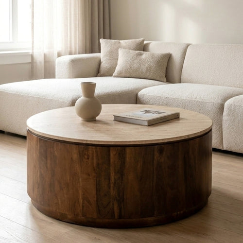 Giga Meubel Salontafel Elan Rond - Travertin - Walnoot - 90x90x35cm