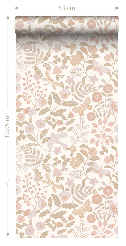 ESTAhome behang bloemen en vogels wit, beige en zacht roze - 53 cm x 10.05 m - 139866 - vtwonen shop