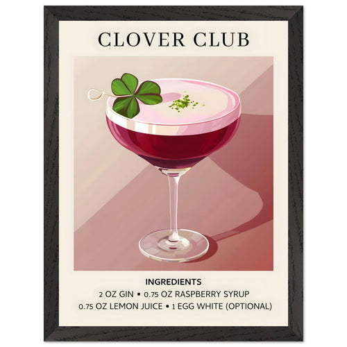 Artfulprints Poster met Lijst Clover Club cocktail - Ingrediënten   - 30x40 cm - Roze