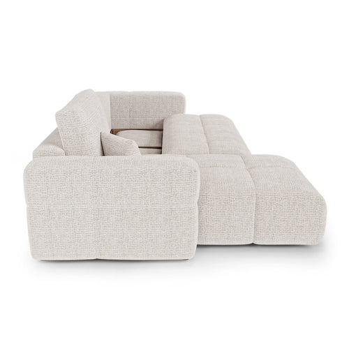 Premium Interiors - Linkshoekbank met slaapfunctie en opbergruimte VIBE - zacht aanvoelende geweven stof crème 286cm