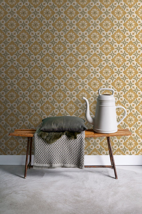 ESTAhome behang vintage bloemen okergeel en groen - 50 x 900 cm - 131503