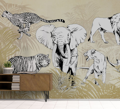 Sanders & Sanders fotobehang jungle dieren beige en zwart wit - 424 x 280 cm - 640894