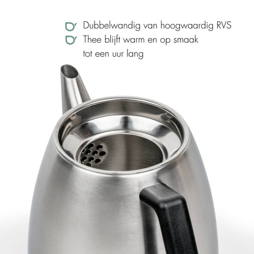 Bredemeijer - Dubbelwandige theepot Odense - 1,1 liter - Mat staal - Met filter - vtwonen shop