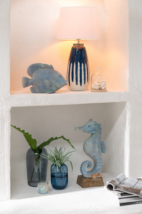 J-Line kaarshouder Zee - glas - blauw/wit - 2 stuks
