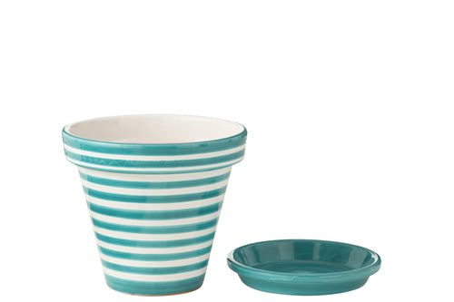 J-Line bloempot Granada Stripes Handmade + Painted - keramiek - aqua - large - Ø 35 cm