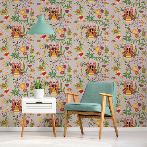 Walls4You behang tropische bladeren en bloemen oudroze en meerkleurig - 53 cm x 10 m - 640125