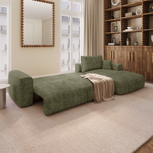 Premium Interiors - Rechthoekige hoekbank met slaapfunctie en opbergruimte COMO - corduroy olijfgroen 297cm