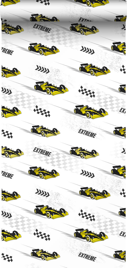 Sanders & Sanders behang race auto's geel - 50 x 900 cm - 935357