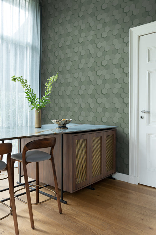 Origin Wallcoverings behang 3d hexagon motief vergrijsd groen - 53 cm x 10.05 m - 347851 - vtwonen shop