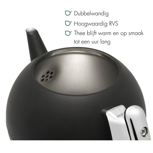 Bredemeijer - Duet® Bella Ronde – Dubbelwandige Theepot – 1,2 liter - RVS - Mat zwart - vtwonen shop