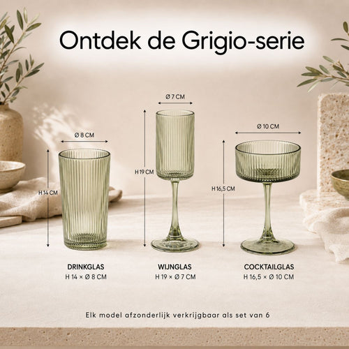 Mica Decorations Grigio Wijnglas Groen - Wijnglas met Subtiele Ribbelstructuur - Glazen Wijnglas voor Wijn, Water en Feestelijke Drankjes - Rond Model