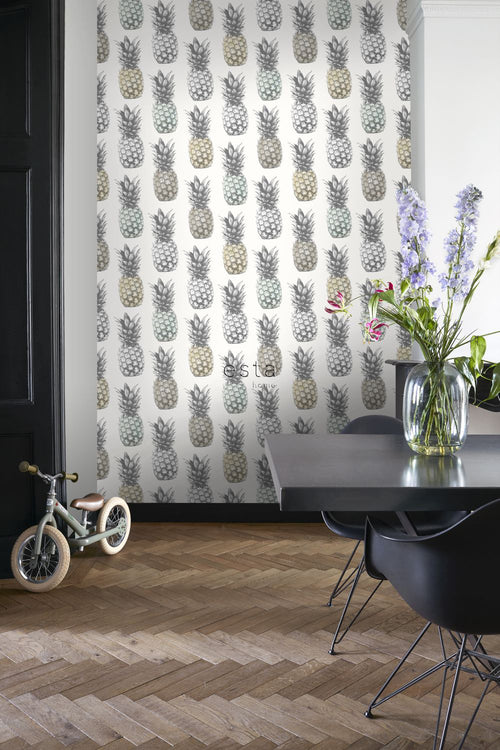 ESTAhome XXL behang ananassen beige, mintgroen en grijs - 50 x 900 cm - 158606