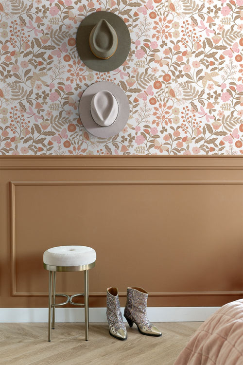 ESTAhome behang bloemen en vogels terracotta, taupe en roze - 53 cm x 10.05 m - 131391