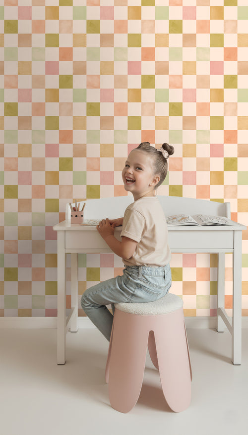 ESTAhome behang geblokt motief beige, roze en groen - 50 x 900 cm - 131721