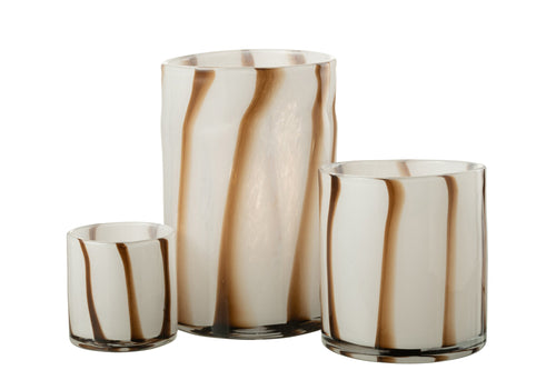 J-Line windlicht Strepen Safari - glas - wit/bruin - large