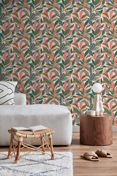 ESTAhome behang tropische bladeren turquoise, roze en oranje - 50 x 900 cm - 131044