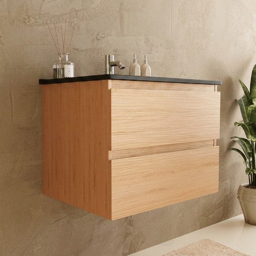 LOMAZOO badkamermeubel Marenza - zwevend - zwart keramiek - licht eiken - 60 cm
