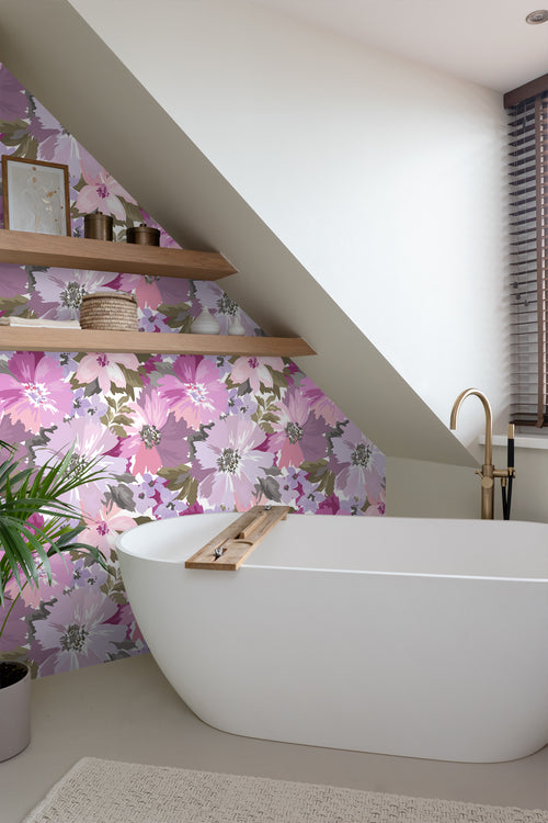 ESTAhome behang bloemen lila paars en olijfgroen - 50 x 900 cm - 131263 - vtwonen shop