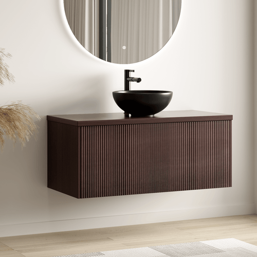 LOMAZOO badkamermeubel Messina - geribbeld - zwevend - opbouw - zwarte waskom - walnoot - 100 cm