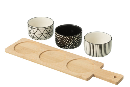 J-Line tapasplank 3 kommen + schaal - keramiek/hout - wit/zwart