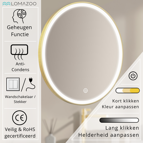 LOMAZOO badkamerspiegel Miami - met LED verlichting - rond - goud - 70 cm