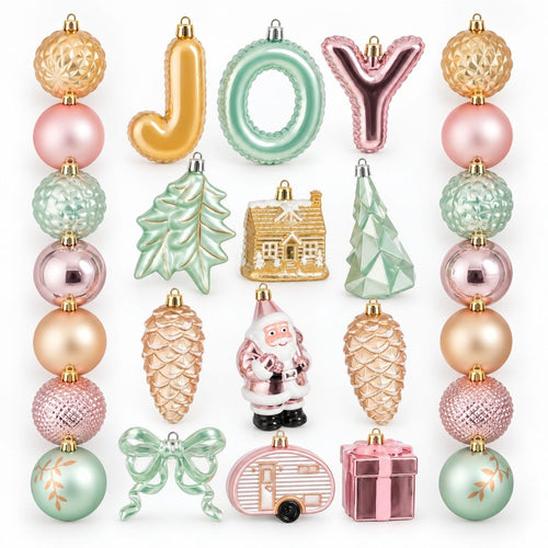 Mica Decorations Kerstboomornamenten JOY 26 stuks - Onbreekbare Kerstballen en Figuren - Set Kerstversiering in Roze, Champagne en Lichtgroen -