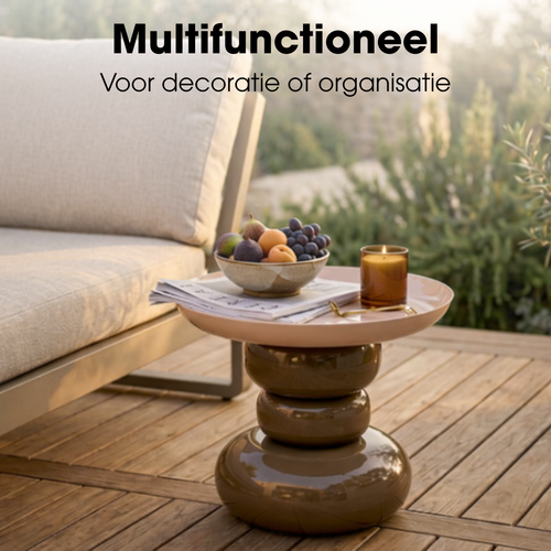 Mica Decorations Zita Bijzettafel - Bijzettafeltje Rond - Woonkamer Decoratie - 34 x 41 cm - IJzer, MDF, Fluweel - Bruin Creme