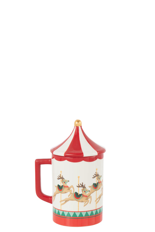 J-Line mok + deksel Draaimolen Dolomiet - keramiek - kerstrood/wit - vtwonen shop