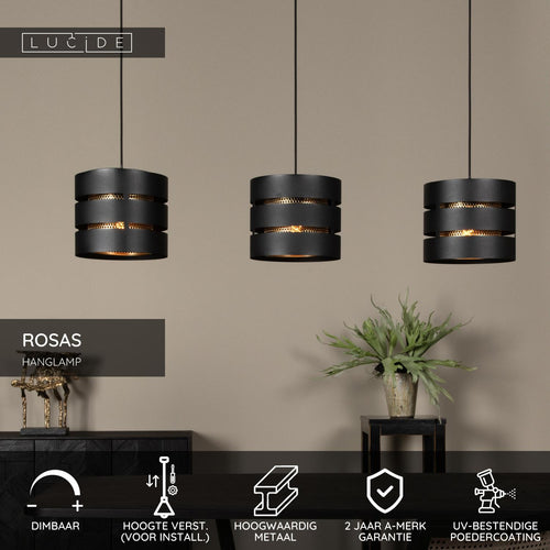 Lucide hanglamp ROSAS - 3xE27 - Zwart