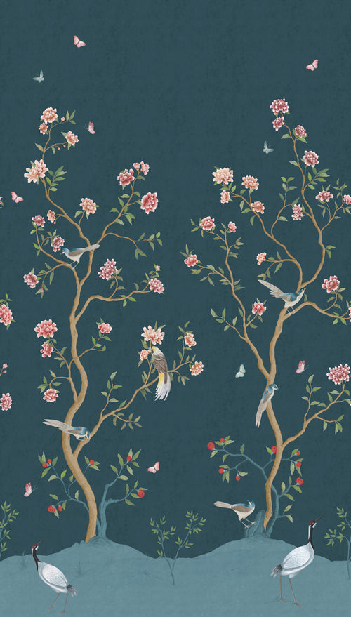 Sanders & Sanders fotobehang bloemen en vogels vergrijsd donker blauw - 159 x 280 cm - 640215 - vtwonen shop