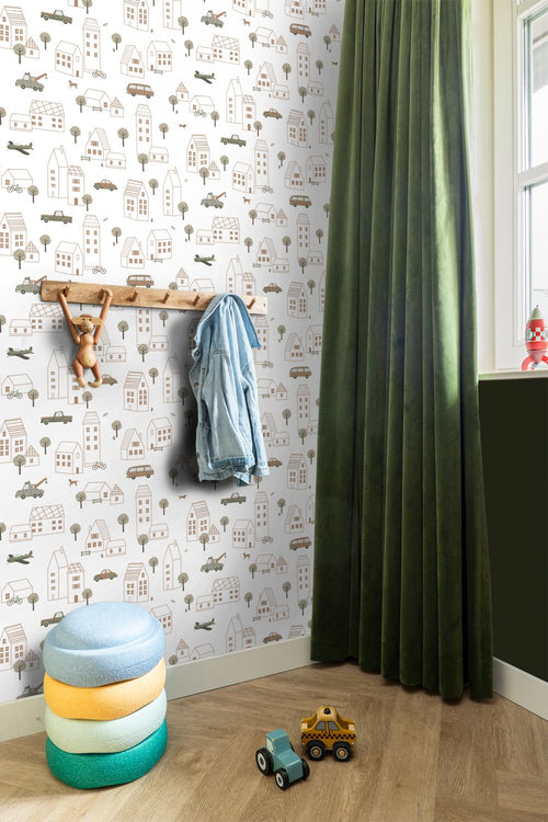 ESTAhome behang voertuigen wit, bruin en groen - 50 x 900 cm - 131826