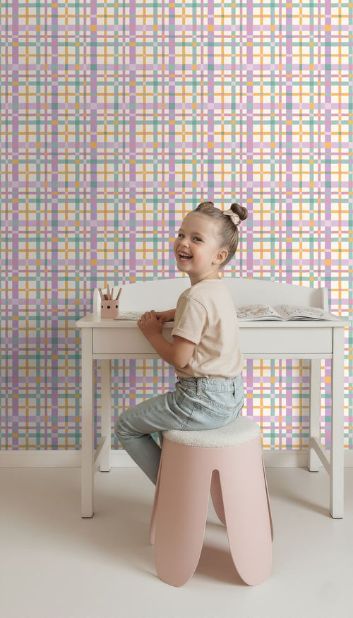 ESTAhome behang ruitjes paars, geel en blauw - 50 x 900 cm - 132047