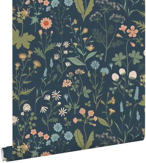 ESTAhome behang veldbloemen donkerblauw, groen en roze - 53 cm x 10.05 m - 139698