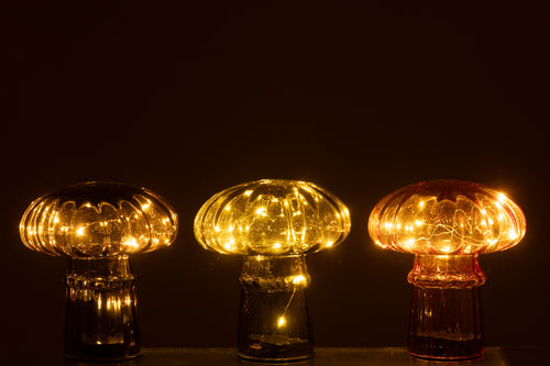 J-Line decoratie Paddenstoel - glas - cognac/olijfgroen - small - 3 stuks - LED lichtjes