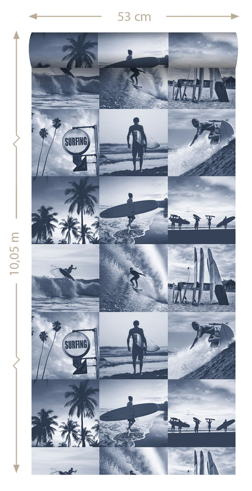 ESTAhome behang foto's van surfers donkerblauw - 53 cm x 10.05 m - 138954