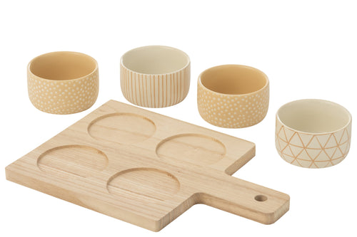 J-Line tapasplank 4 kommen + bambouschaal In Doos - keramiek/hout - wit/creme