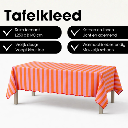 Mica Decorations Gestreept Tafelkleed voor Eettafel - Tafellaken voor Binnen en Buiten 250 x 140 cm - Tafelzeil 100% Katoen - Oranje, Roze