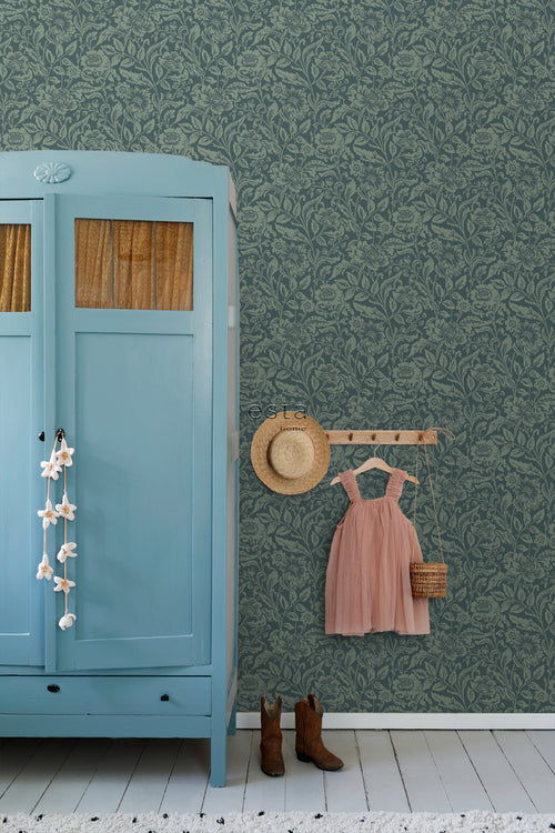 ESTAhome behang vintage bloemen donkerblauw en vergrijsd groen - 53 cm x 10.05 m - 139429