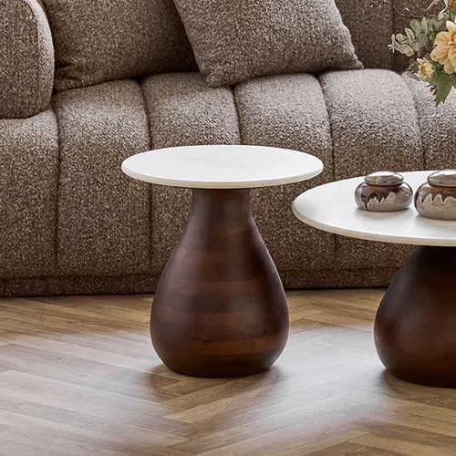 Artichok Herre houten bijzettafel bruin met wit marmer blad - Ø40