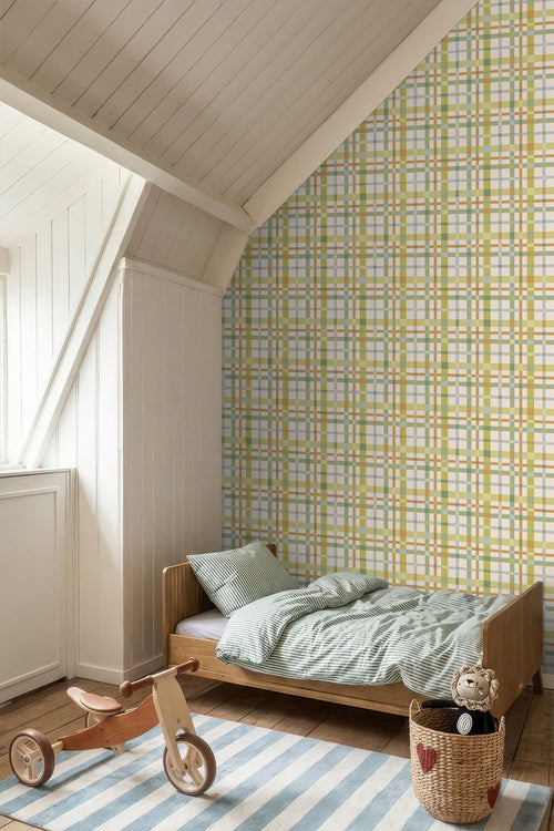 ESTAhome behang ruitjes groen, blauw en terracotta - 50 x 900 cm - 132050
